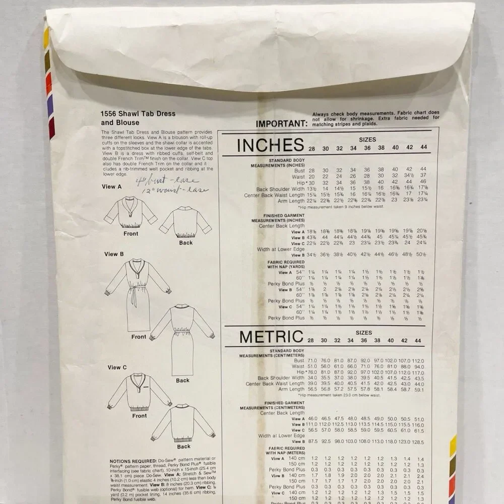 Vintage Stretch & Sew 1556 Shawl Tab Dress Blouse Pattern UNCUT‎ Sz 28–44